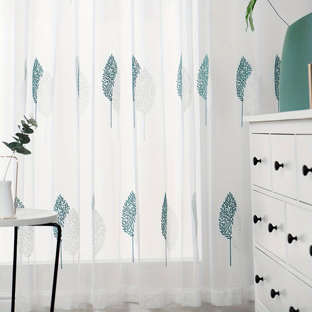 Nordic Minimalist Leaf Embroidered Sheer Curtains Pair