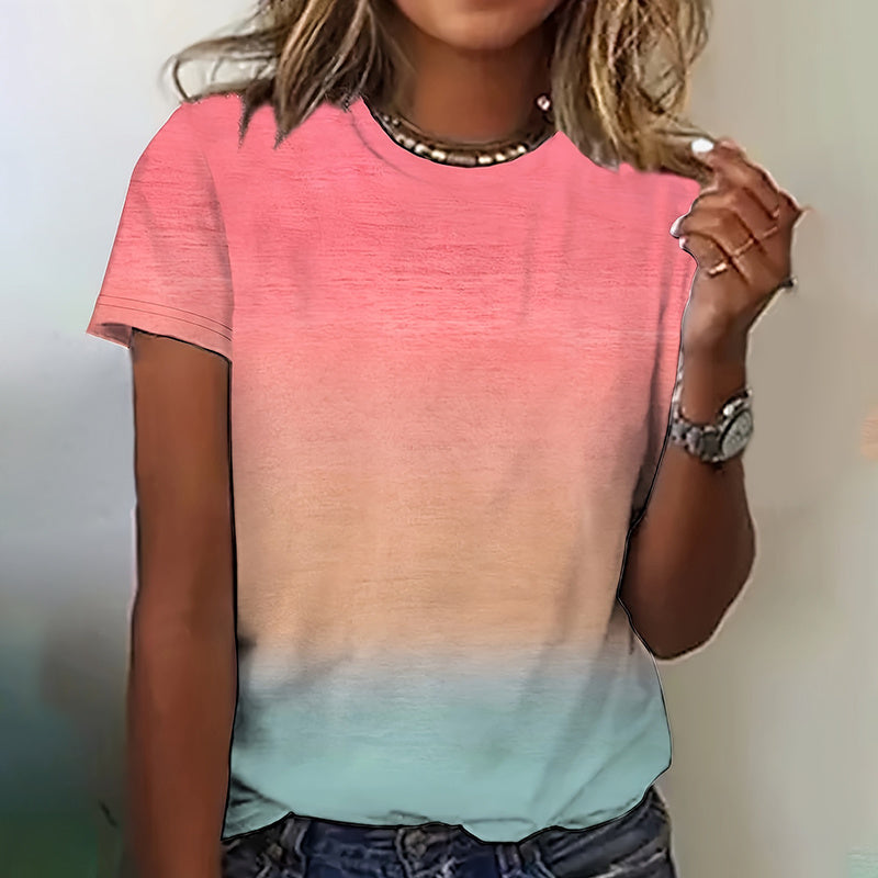 Ladies Gradient Color Round Neck T-Shirt Casual Short Sleeve