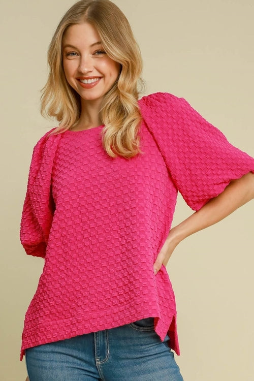 Umgee Full Size Boxy Cut Jacquard Round Neck Top