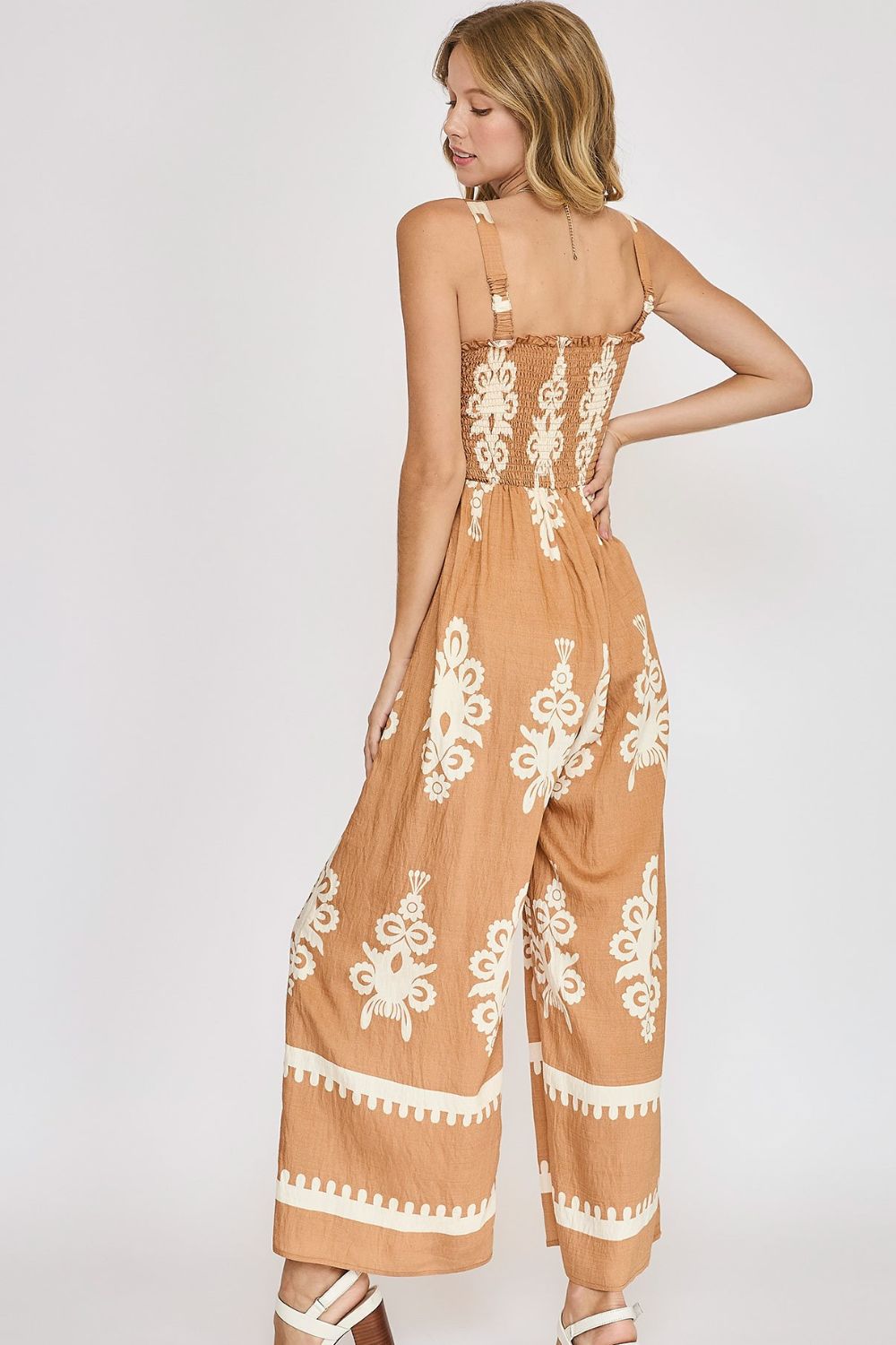 Umgee Full Size Smocked Printed Wide Leg Jumpsuit