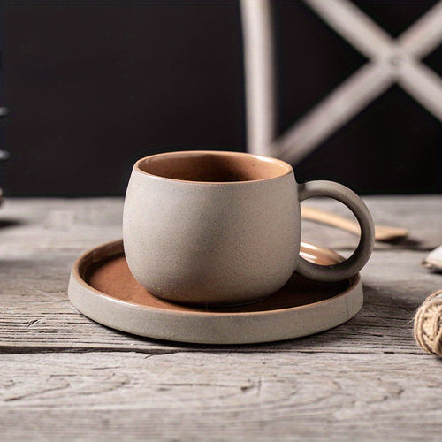 Retro Colorblock Insulated Ceramic Coffee Mug and Saucer Set