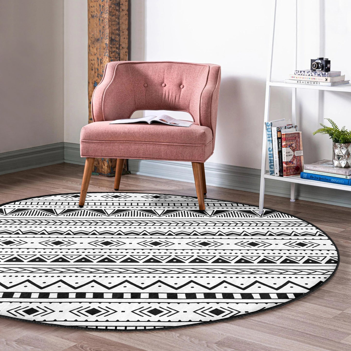 Native Round Rug, Native Home Decor Area Rug, Black and White Floor