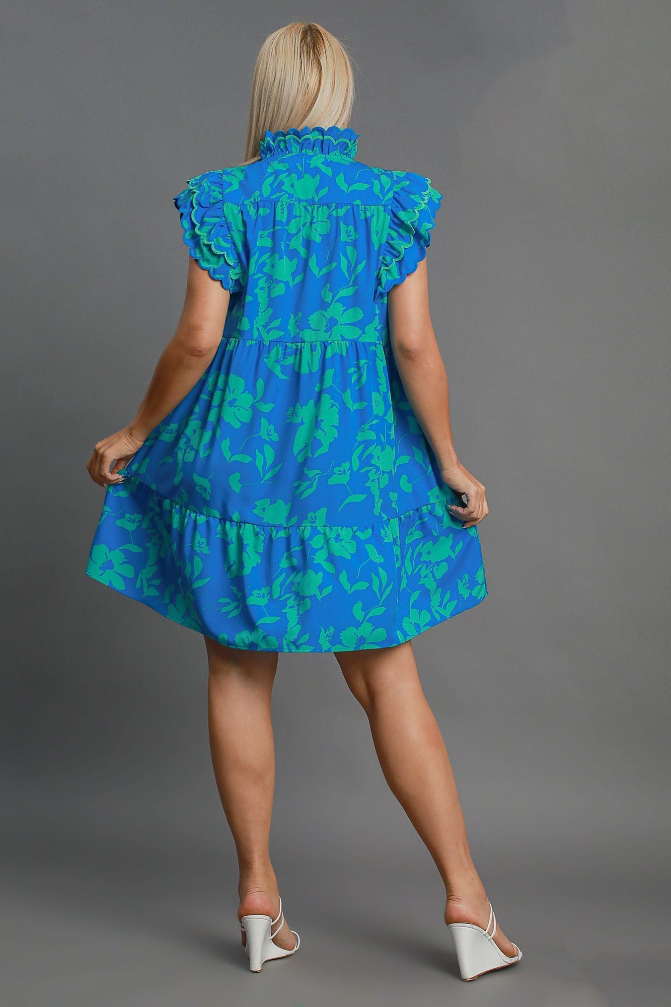 Umgee Full Size Two Tone Floral Print Ruffle Cap Sleeve Mini Dress