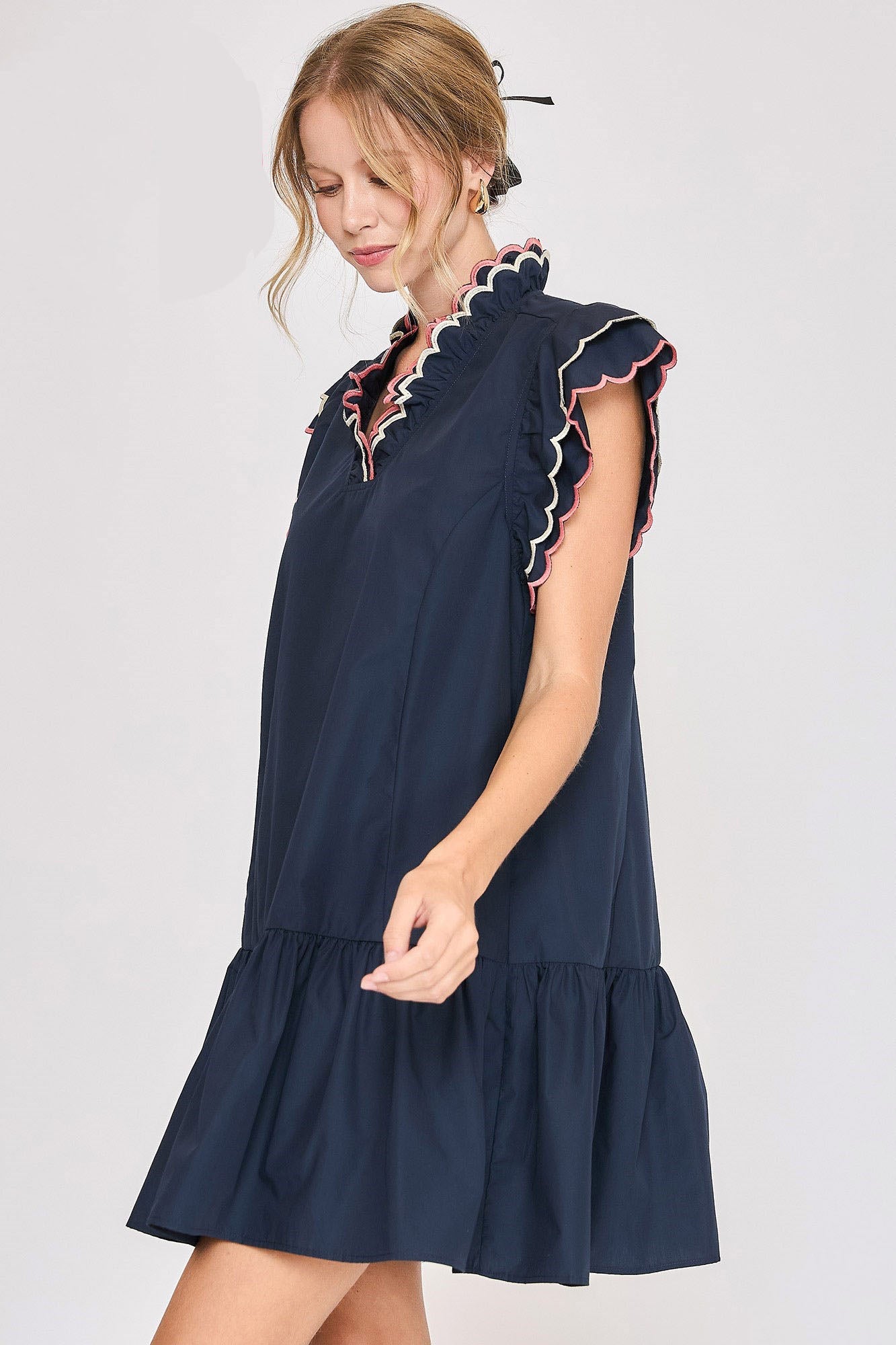 Umgee Full Size Ruffled Scalloped Sleeved Dress