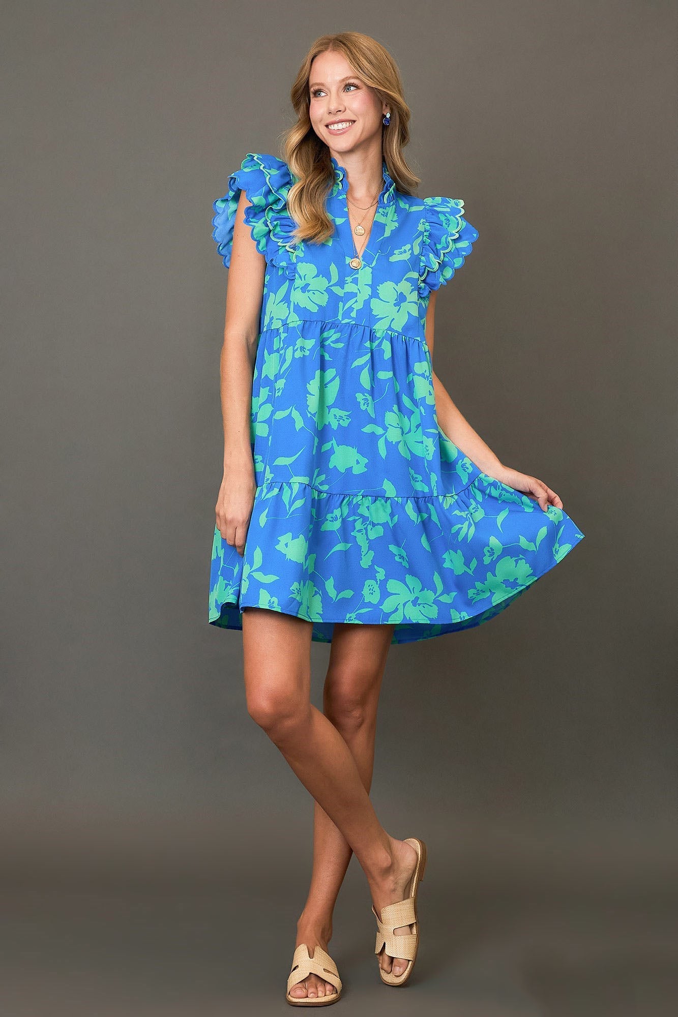 Umgee Full Size Two Tone Floral Print Ruffle Cap Sleeve Mini Dress