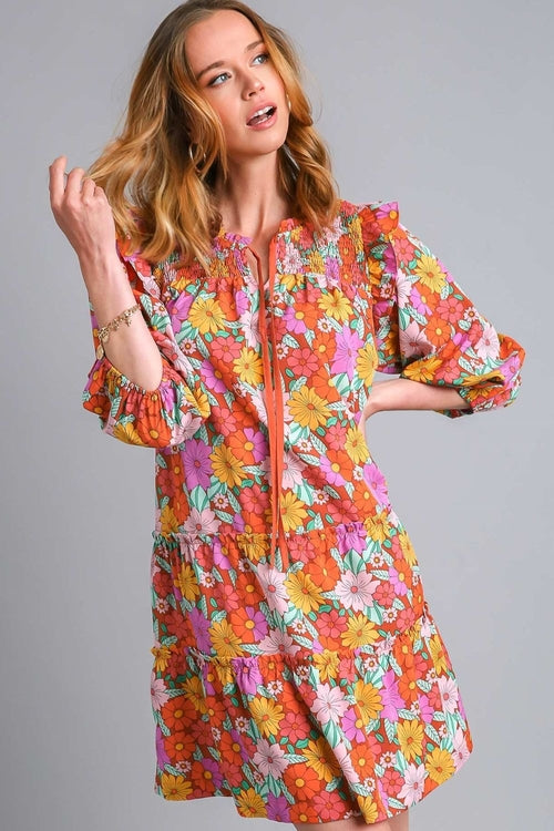 Umgee Full Size Ruffled Flower Print Tie Neck Tiered Dress