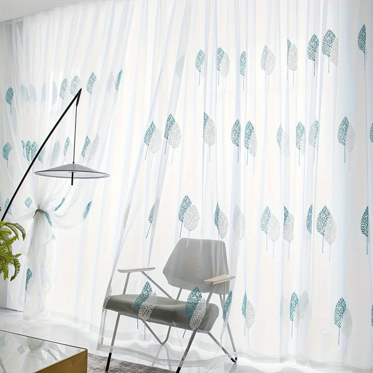 Nordic Minimalist Leaf Embroidered Sheer Curtains Pair