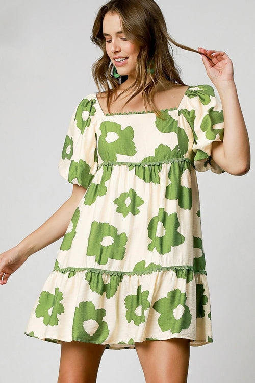 Umgee Full Size Contrast Floral Short Sleeve Mini Dress