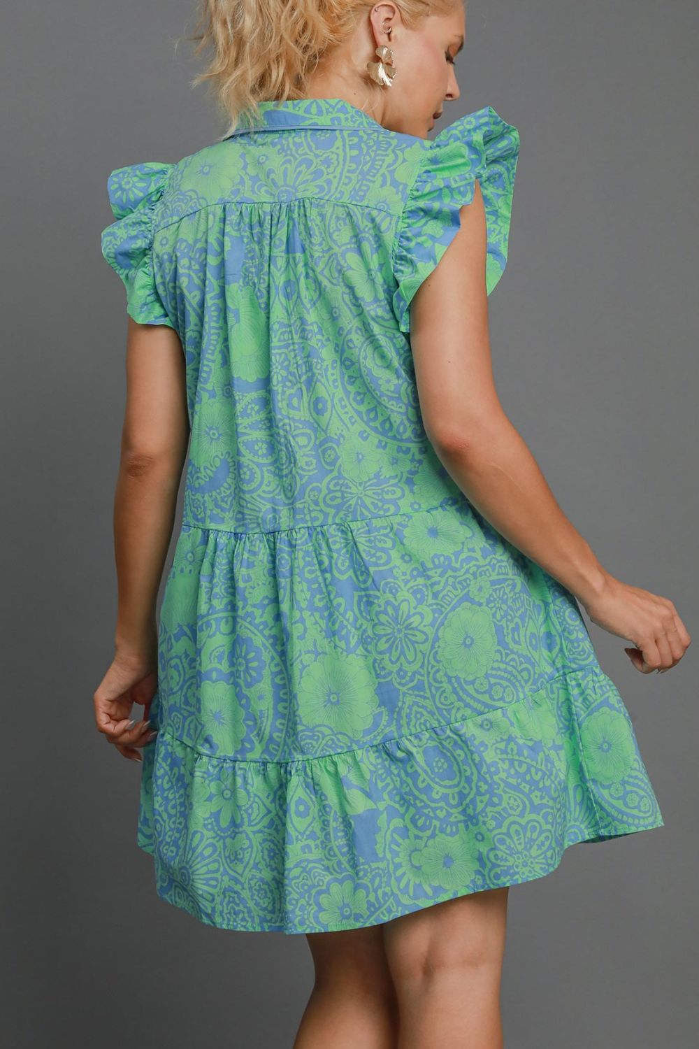 Umgee Full Size Printed Ruffle Cap Sleeve Babydoll Dress