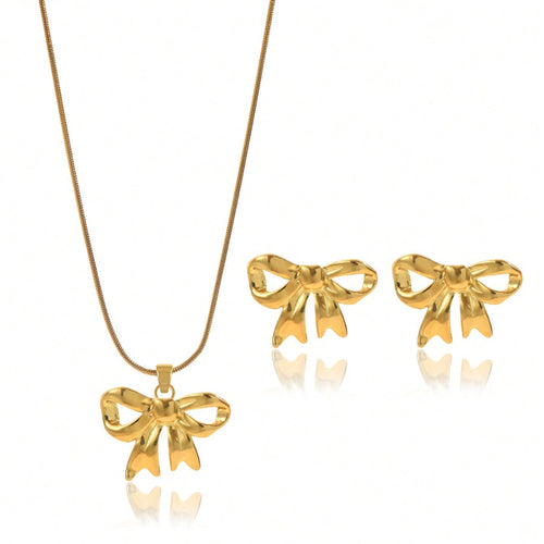 18K Gold Plated Bow Necklace Stud Earrings