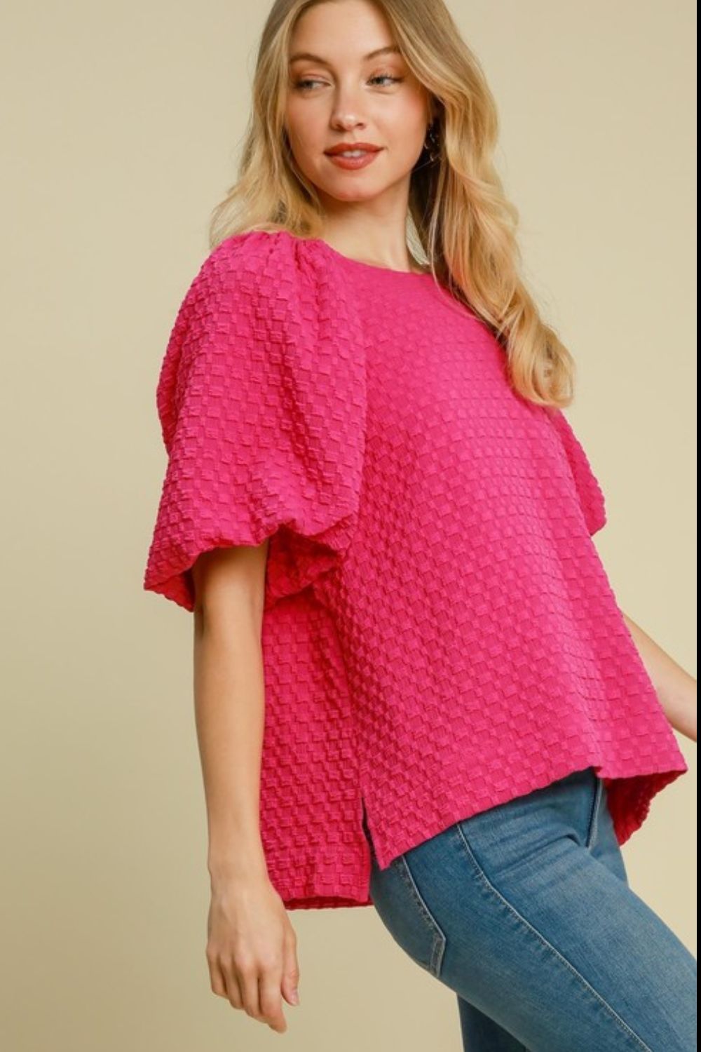 Umgee Full Size Boxy Cut Jacquard Round Neck Top