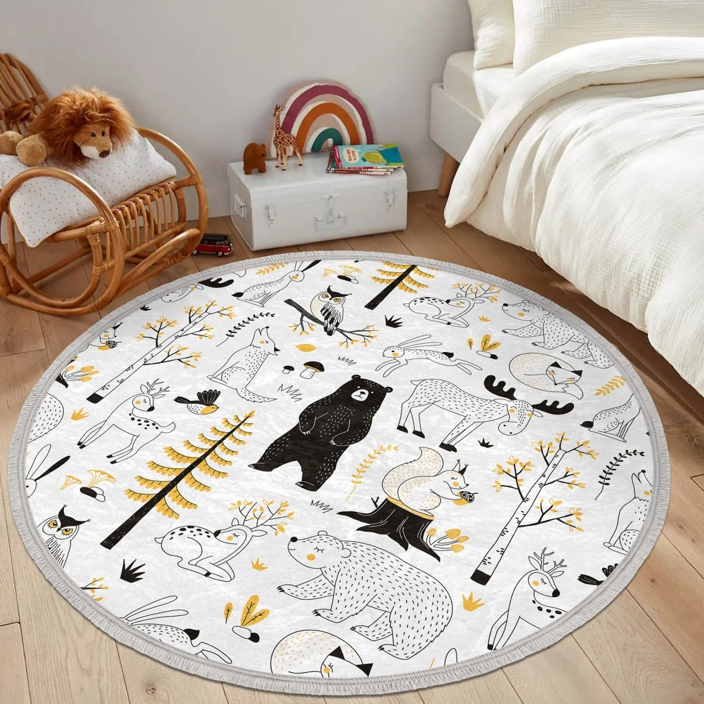 Black Bear Kids Room Area Rug, Forest Patterned Nursery Rug, Non Slip