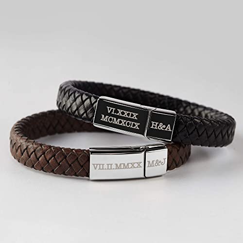 Roman Numerals Engraved Men's Bracelet, Woven Braided Leather Bracelet