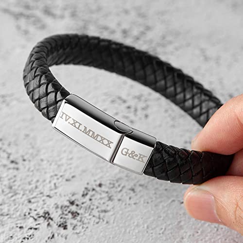 Roman Numerals Engraved Men's Bracelet, Woven Braided Leather Bracelet