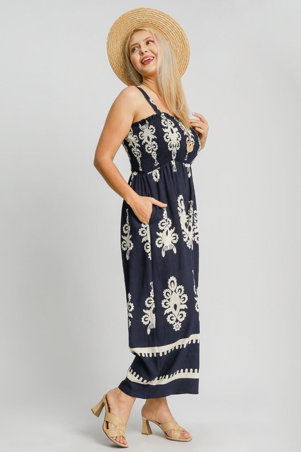 Umgee Full Size Smocked Printed Wide Leg Jumpsuit