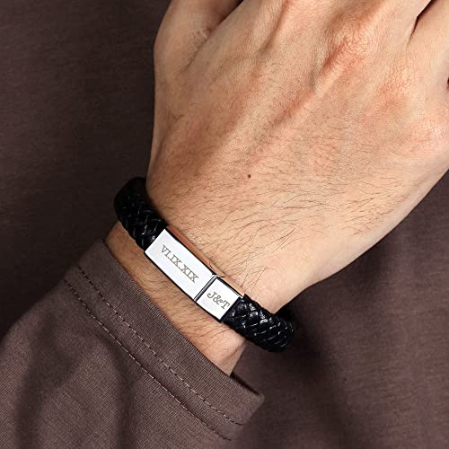 Roman Numerals Engraved Men's Bracelet, Woven Braided Leather Bracelet