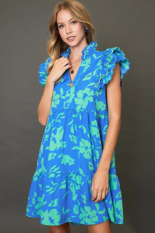 Umgee Full Size Two Tone Floral Print Ruffle Cap Sleeve Mini Dress