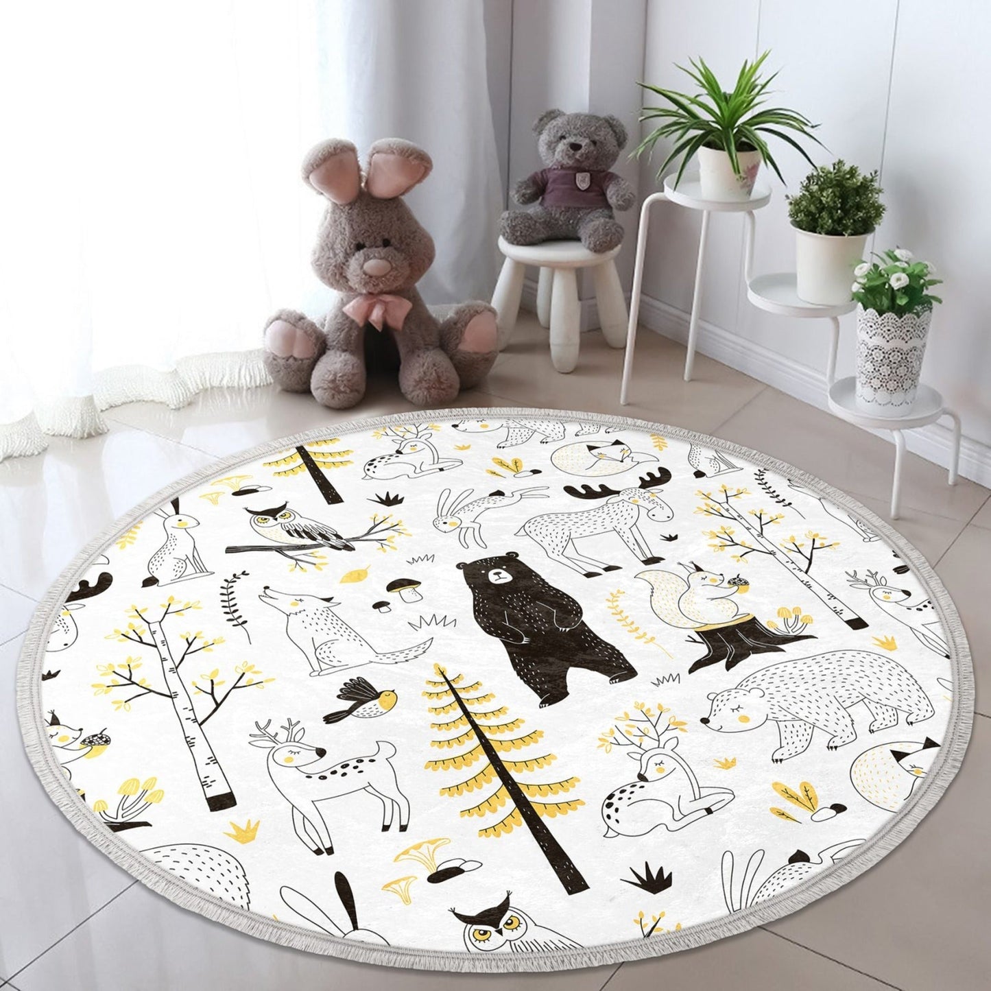 Black Bear Kids Room Area Rug, Forest Patterned Nursery Rug, Non Slip