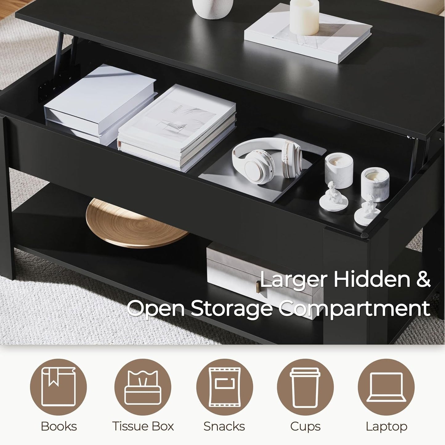 Lift Top Coffee Table with Hidden Compartment and Storage Shelf,