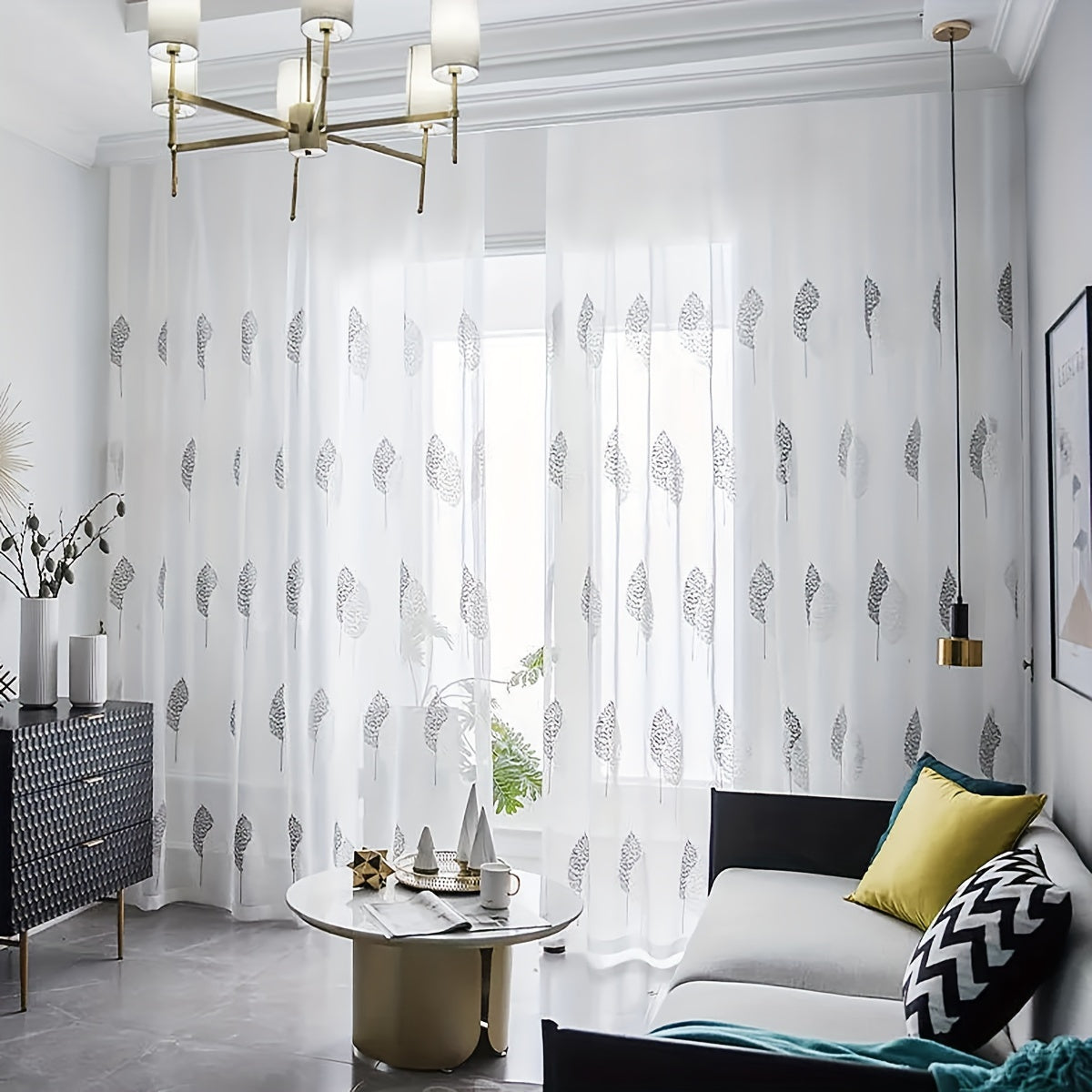 Nordic Minimalist Leaf Embroidered Sheer Curtains Pair