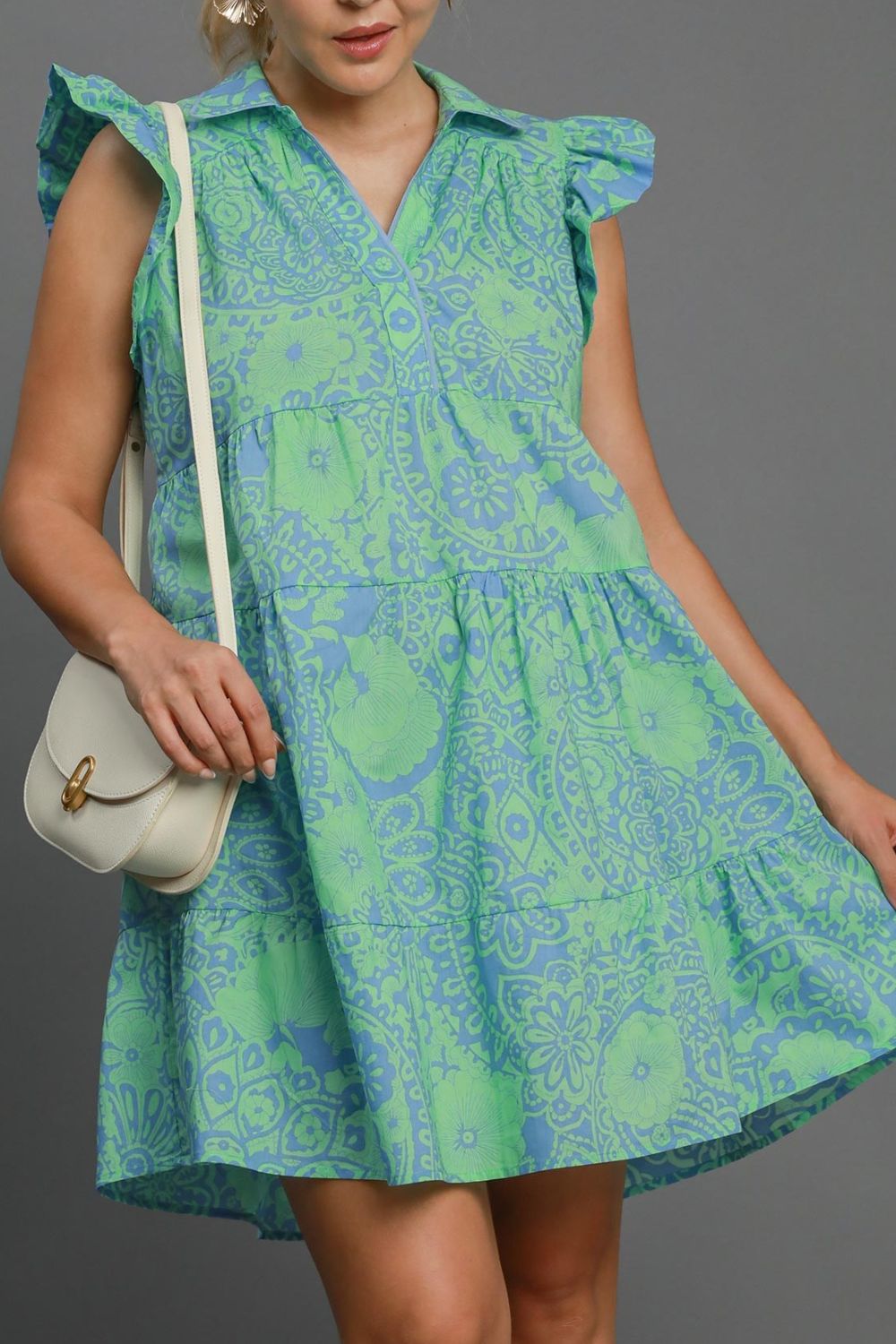 Umgee Full Size Printed Ruffle Cap Sleeve Babydoll Dress
