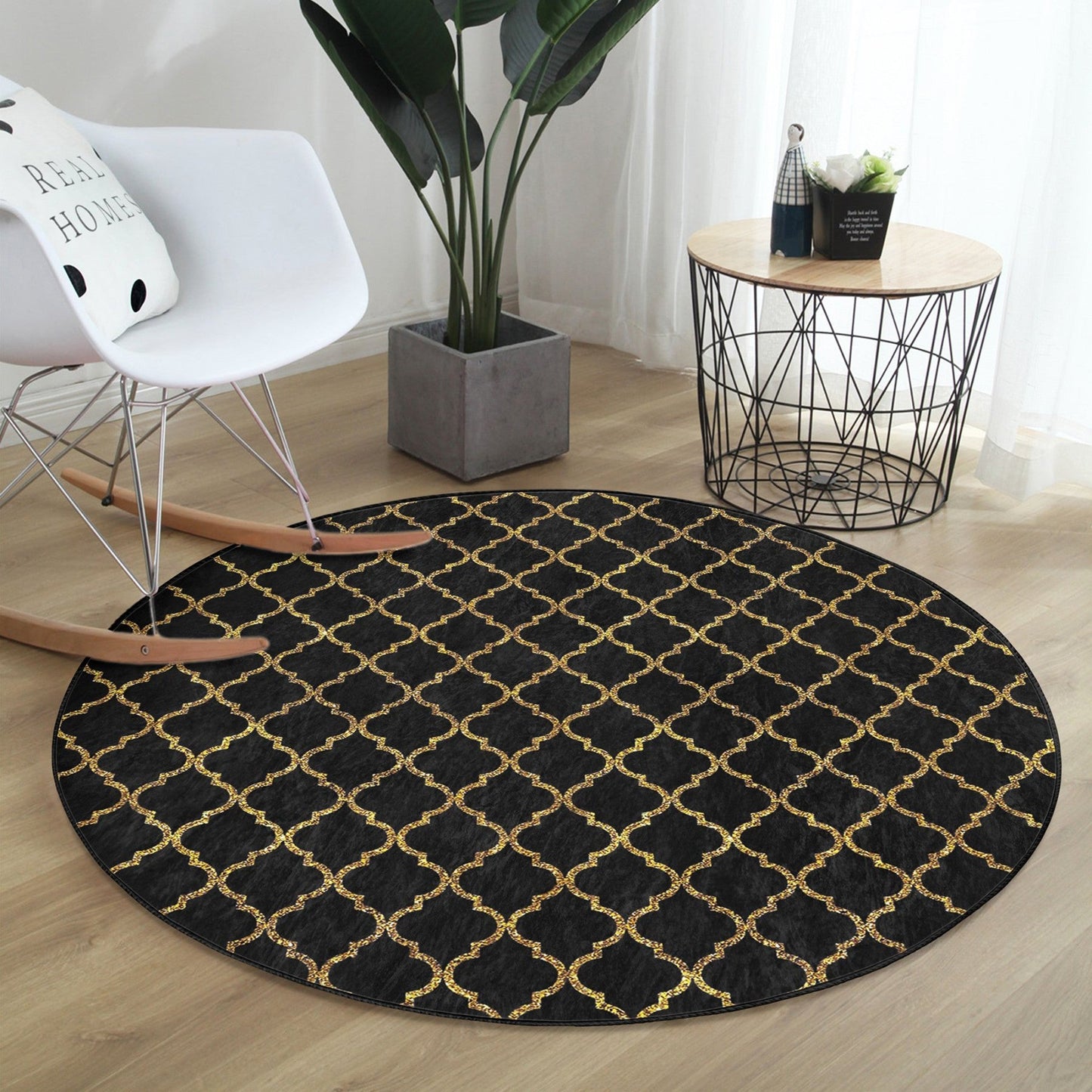 Gold Pattern on Black Colour Washable Round Rug | Homeezone