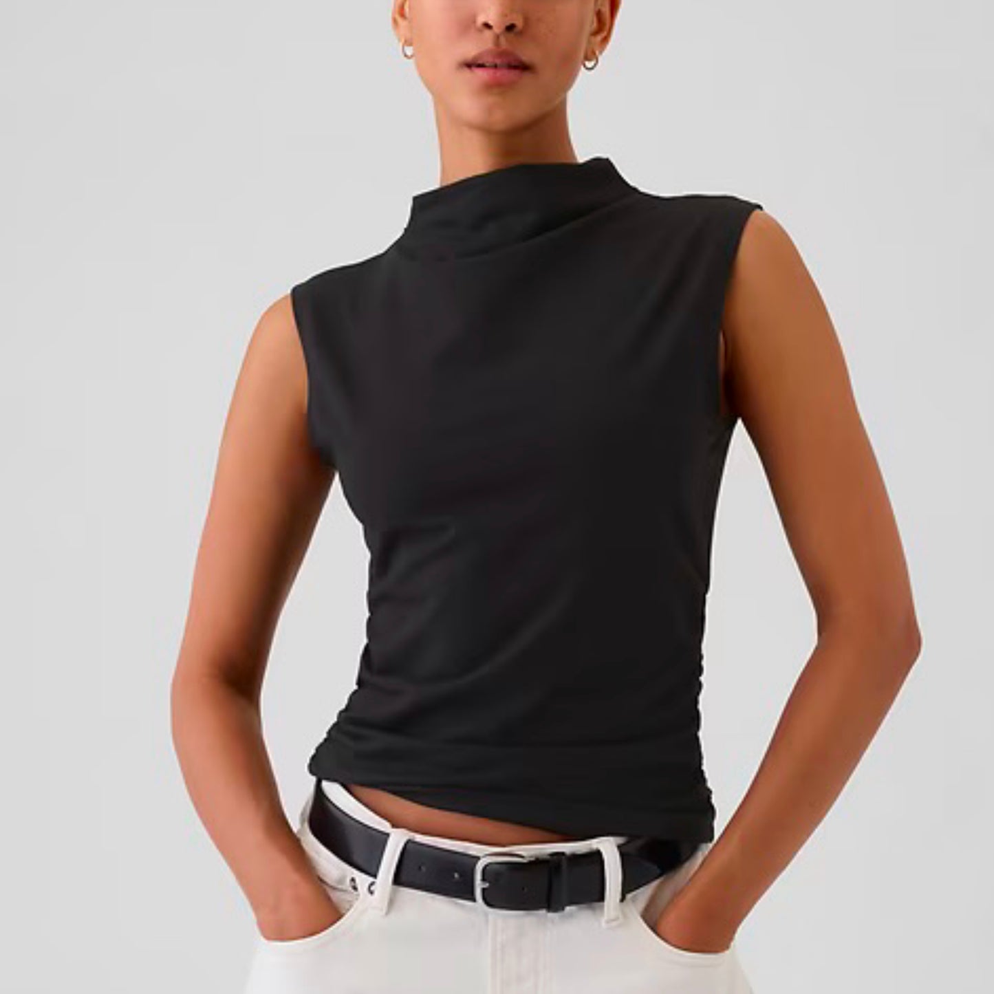 Asymmetrical Mock Neck Sleeveless Top