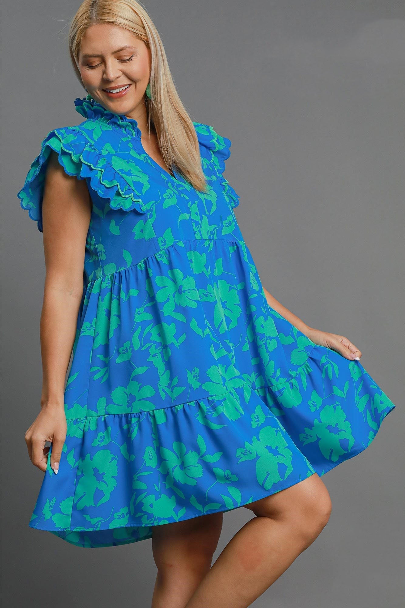 Umgee Full Size Two Tone Floral Print Ruffle Cap Sleeve Mini Dress