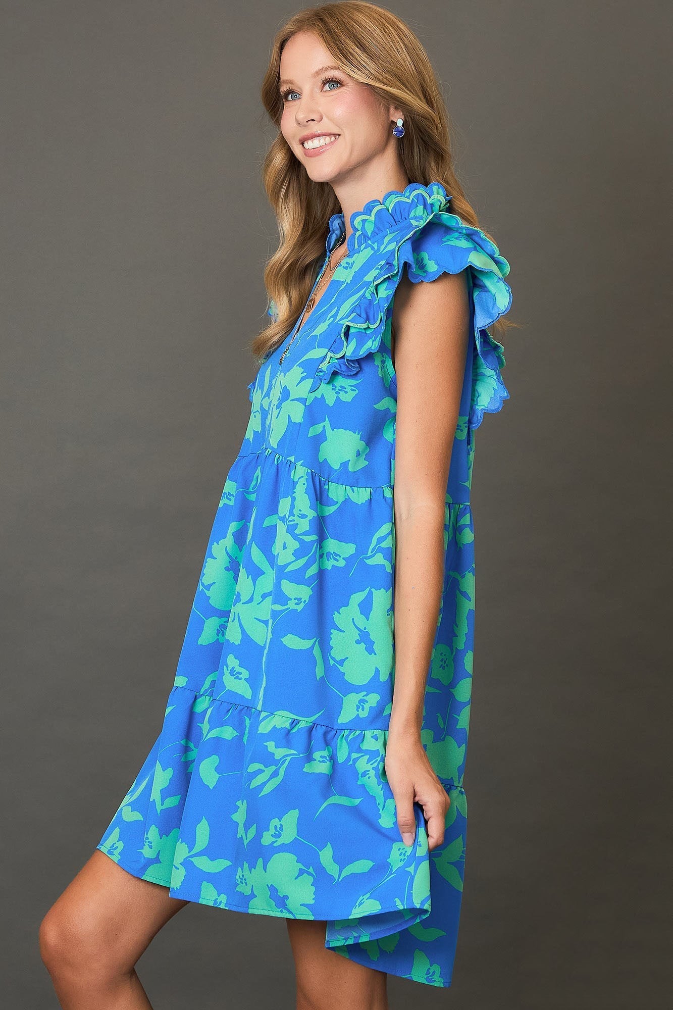 Umgee Full Size Two Tone Floral Print Ruffle Cap Sleeve Mini Dress