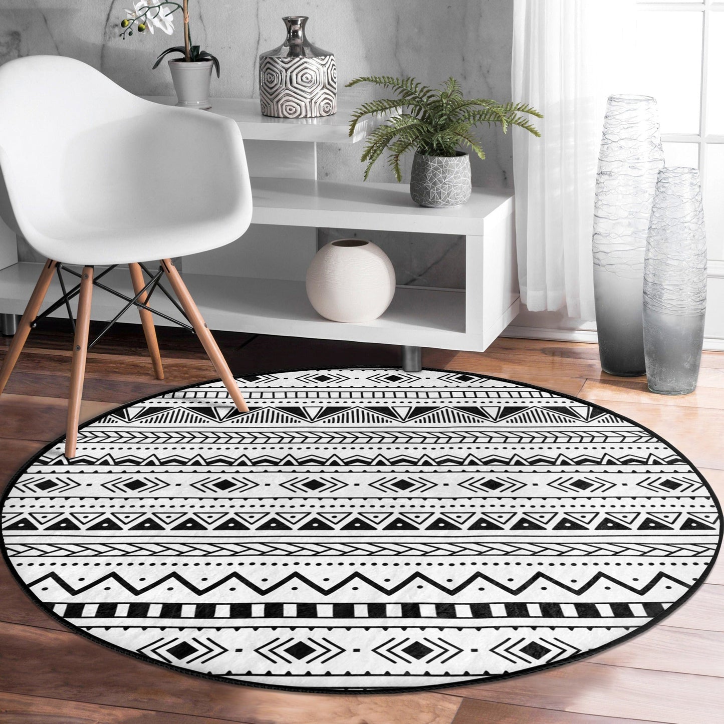 Native Round Rug, Native Home Decor Area Rug, Black and White Floor