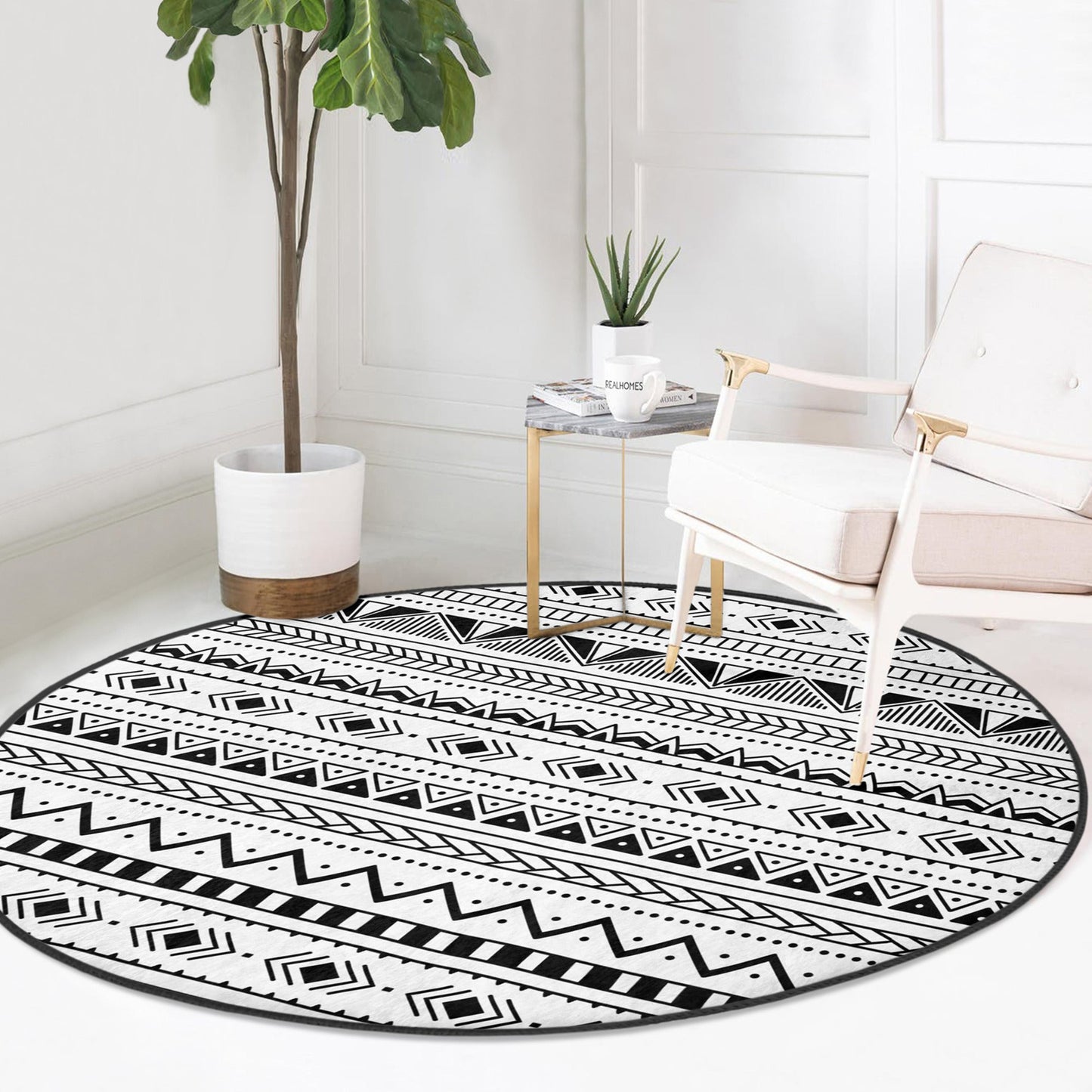 Native Round Rug, Native Home Decor Area Rug, Black and White Floor