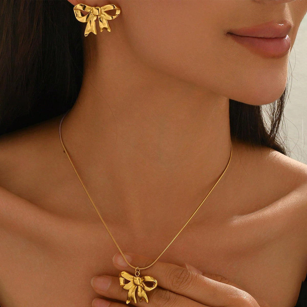 18K Gold Plated Bow Necklace Stud Earrings