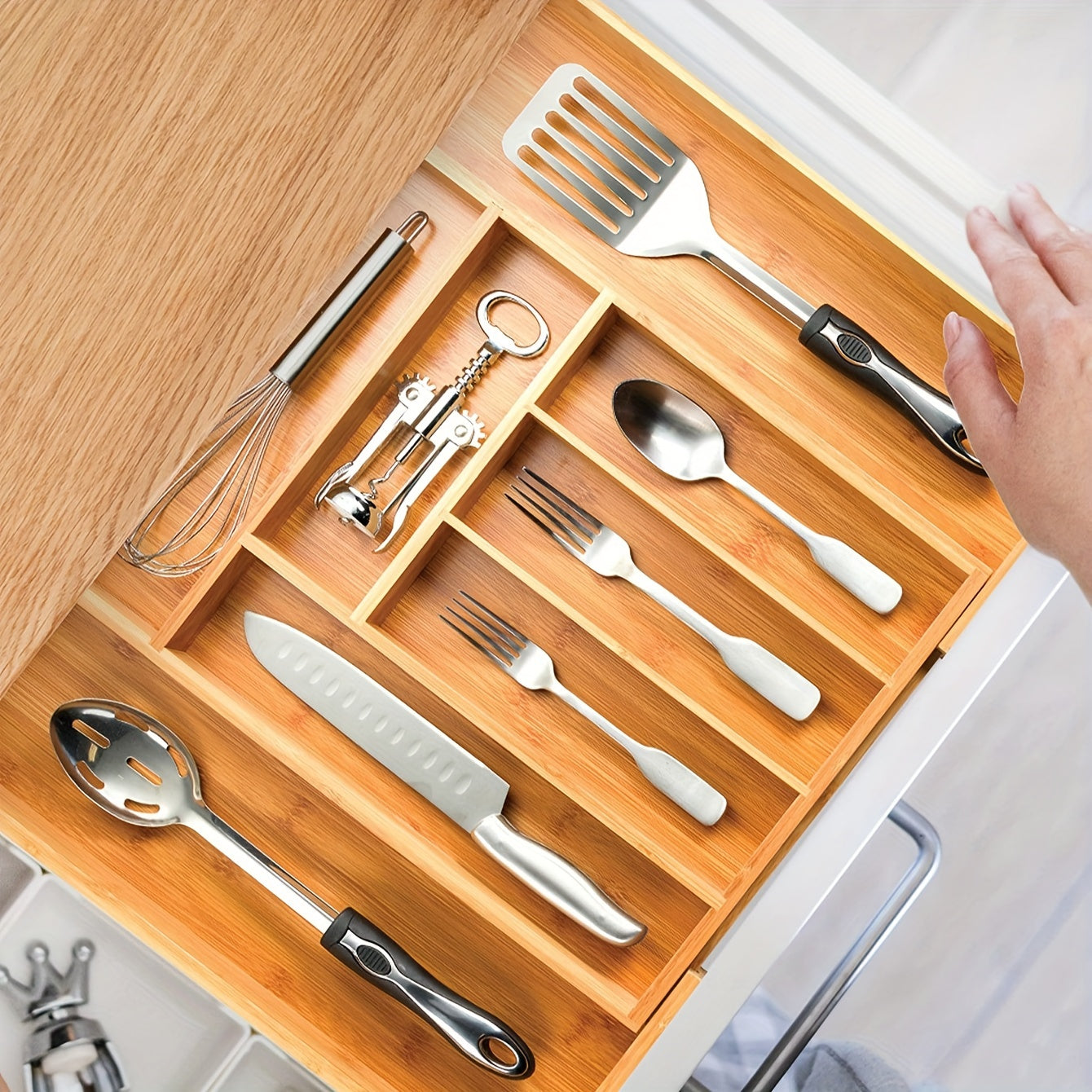 Adjustable Bamboo Cutlery Organizer - Expandable Drawer Divider for