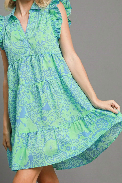 Umgee Full Size Printed Ruffle Cap Sleeve Babydoll Dress
