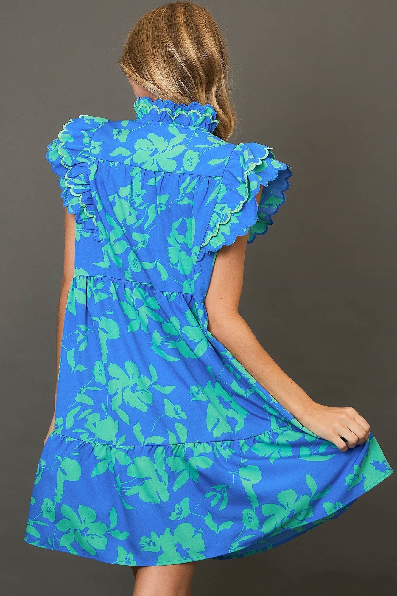 Umgee Full Size Two Tone Floral Print Ruffle Cap Sleeve Mini Dress