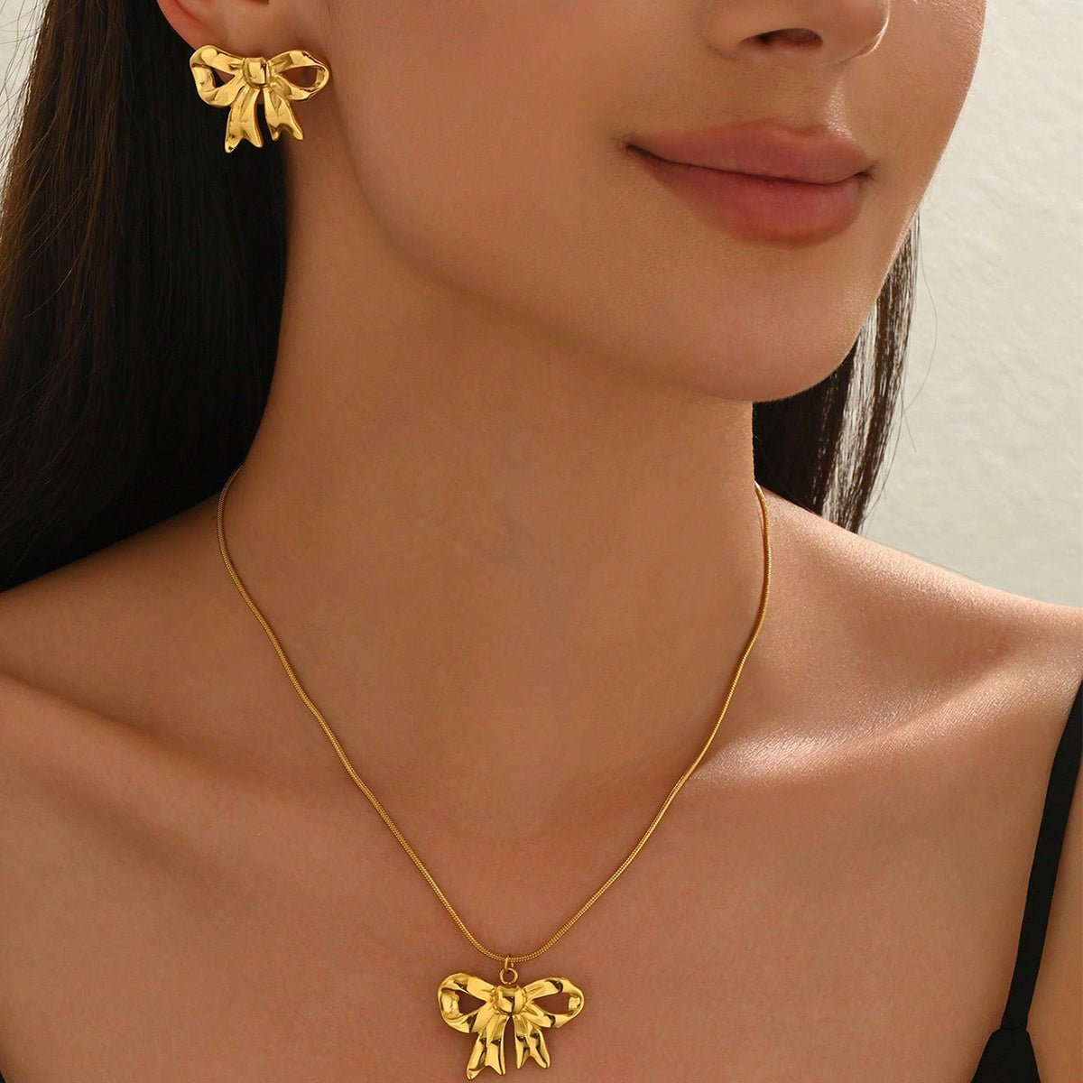 18K Gold Plated Bow Necklace Stud Earrings