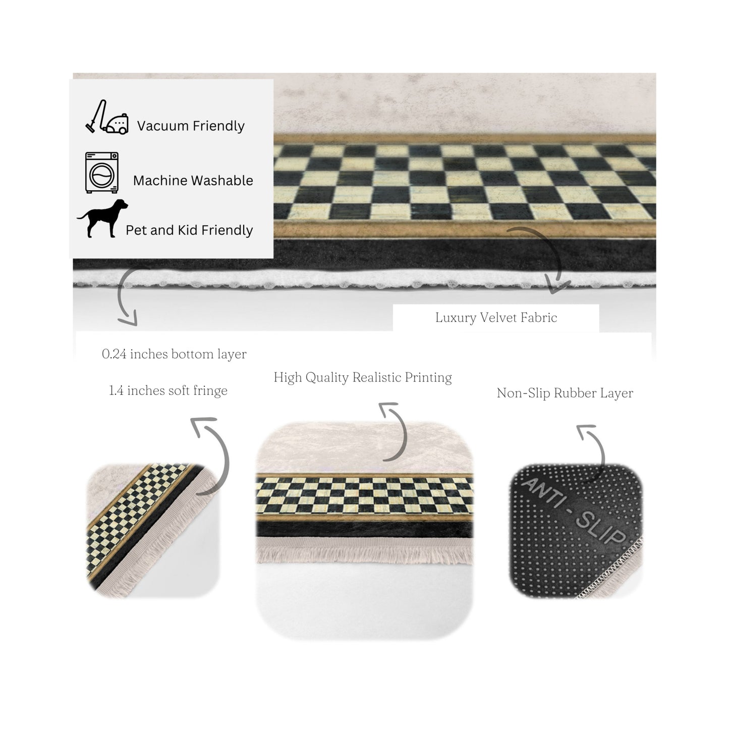 Checkered Pattern Washable Rug | Homeezone