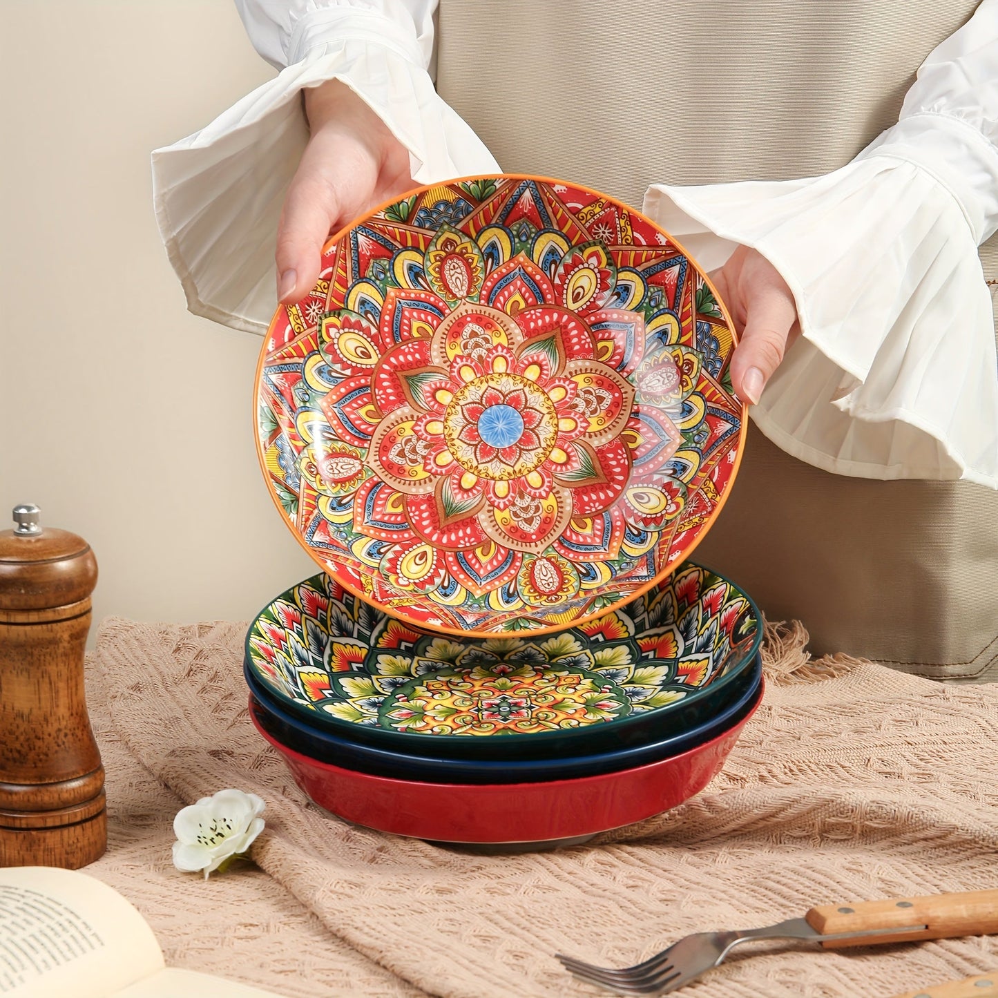 Bohemian 8 Inch Ceramic Dinner Plates Microwave Safe