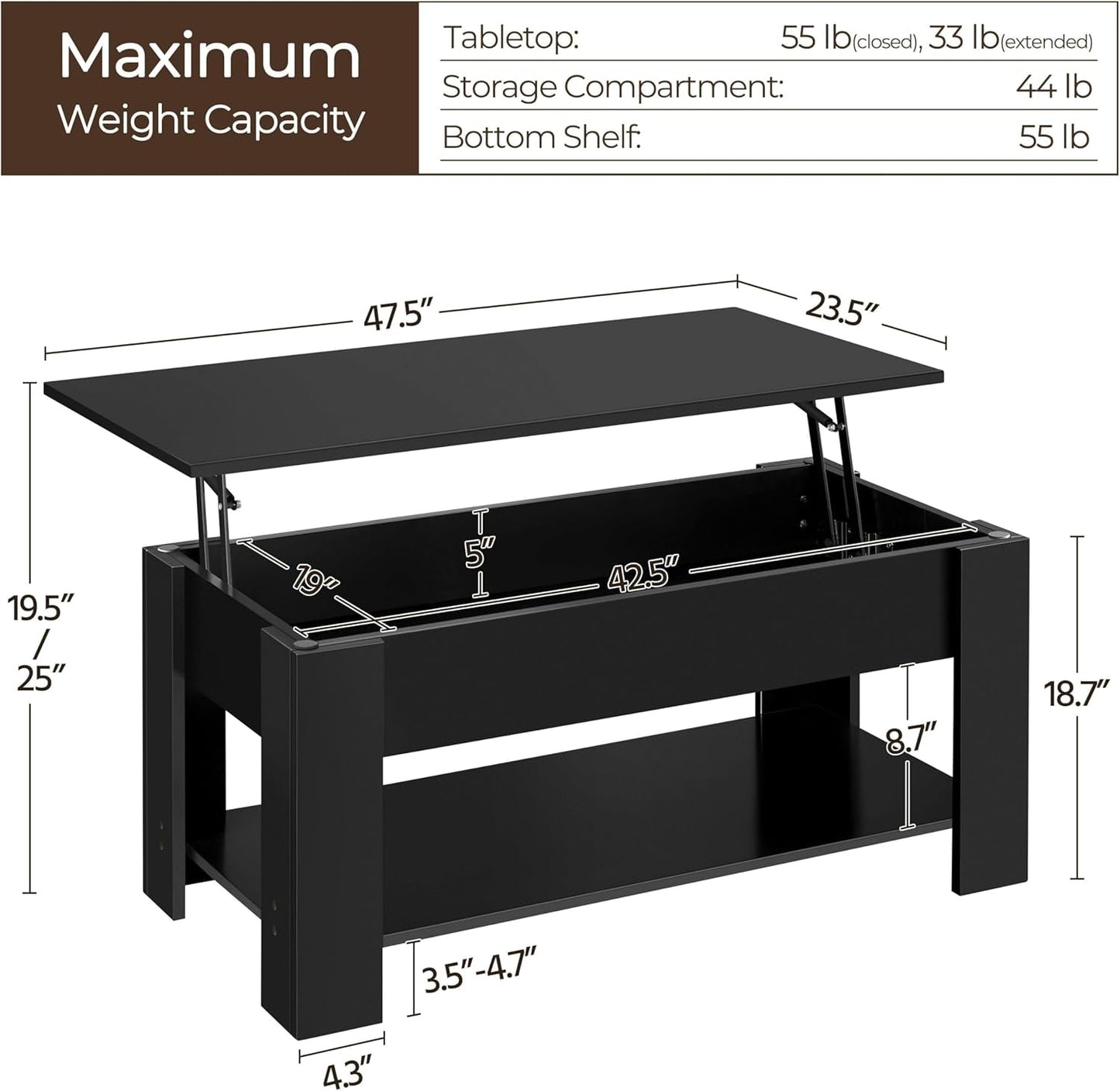 Lift Top Coffee Table with Hidden Compartment and Storage Shelf,