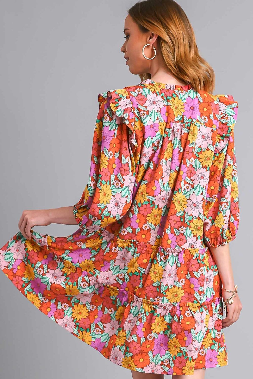 Umgee Full Size Ruffled Flower Print Tie Neck Tiered Dress