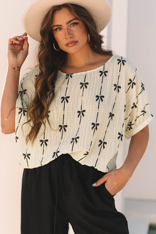 Bow Print Puff Short Sleeve Top