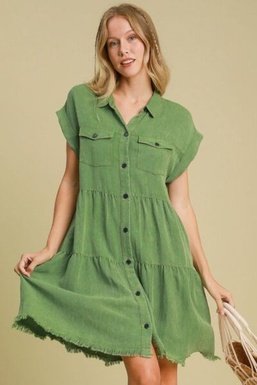 Umgee Full Size Frayed Hemline Button Down Shirt Dress