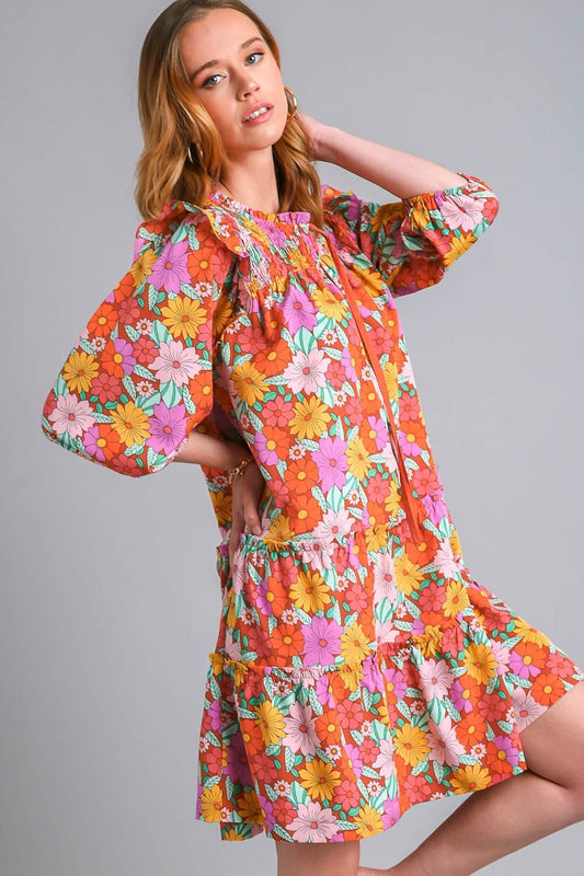 Umgee Full Size Ruffled Flower Print Tie Neck Tiered Dress