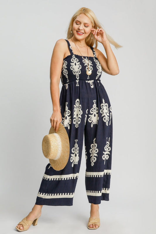 Umgee Full Size Smocked Printed Wide Leg Jumpsuit