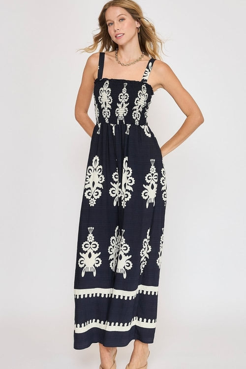 Umgee Full Size Smocked Printed Wide Leg Jumpsuit
