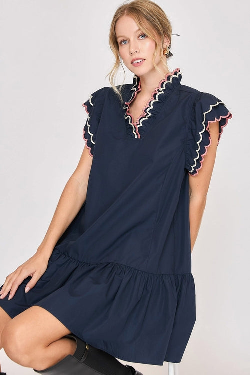 Umgee Full Size Ruffled Scalloped Sleeved Dress