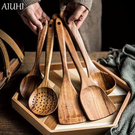 5 Piece Premium Wooden Utensil Set for Non-Stick Cookware