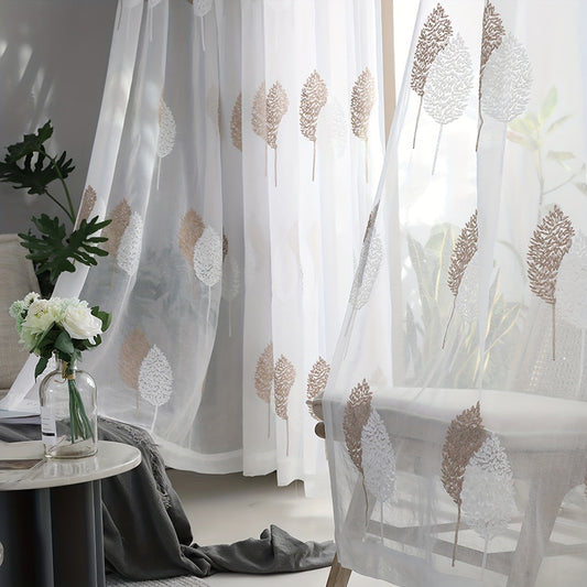 Nordic Minimalist Leaf Embroidered Sheer Curtains Pair