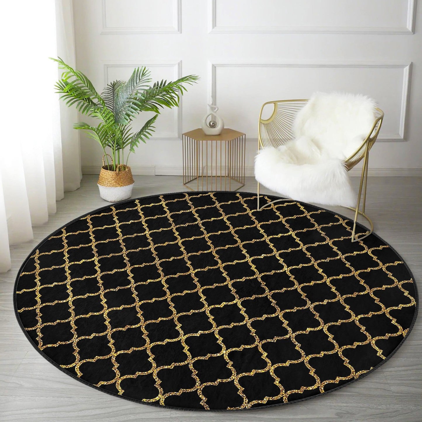 Gold Pattern on Black Colour Washable Round Rug | Homeezone