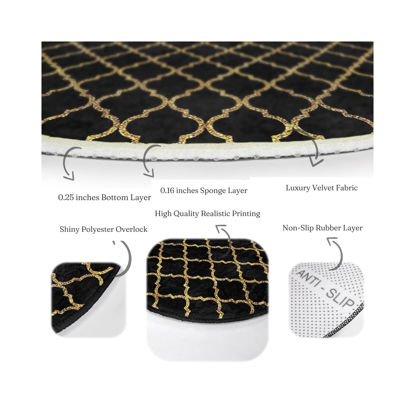Gold Pattern on Black Colour Washable Round Rug | Homeezone